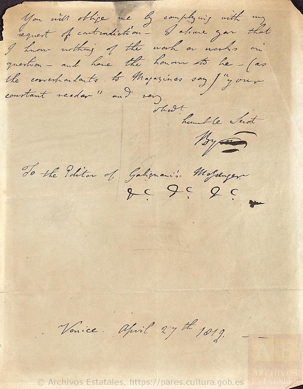 Archivo Histórico Nacional, Letter to Mr Galignani signed by Lord Byron, 1819, available here