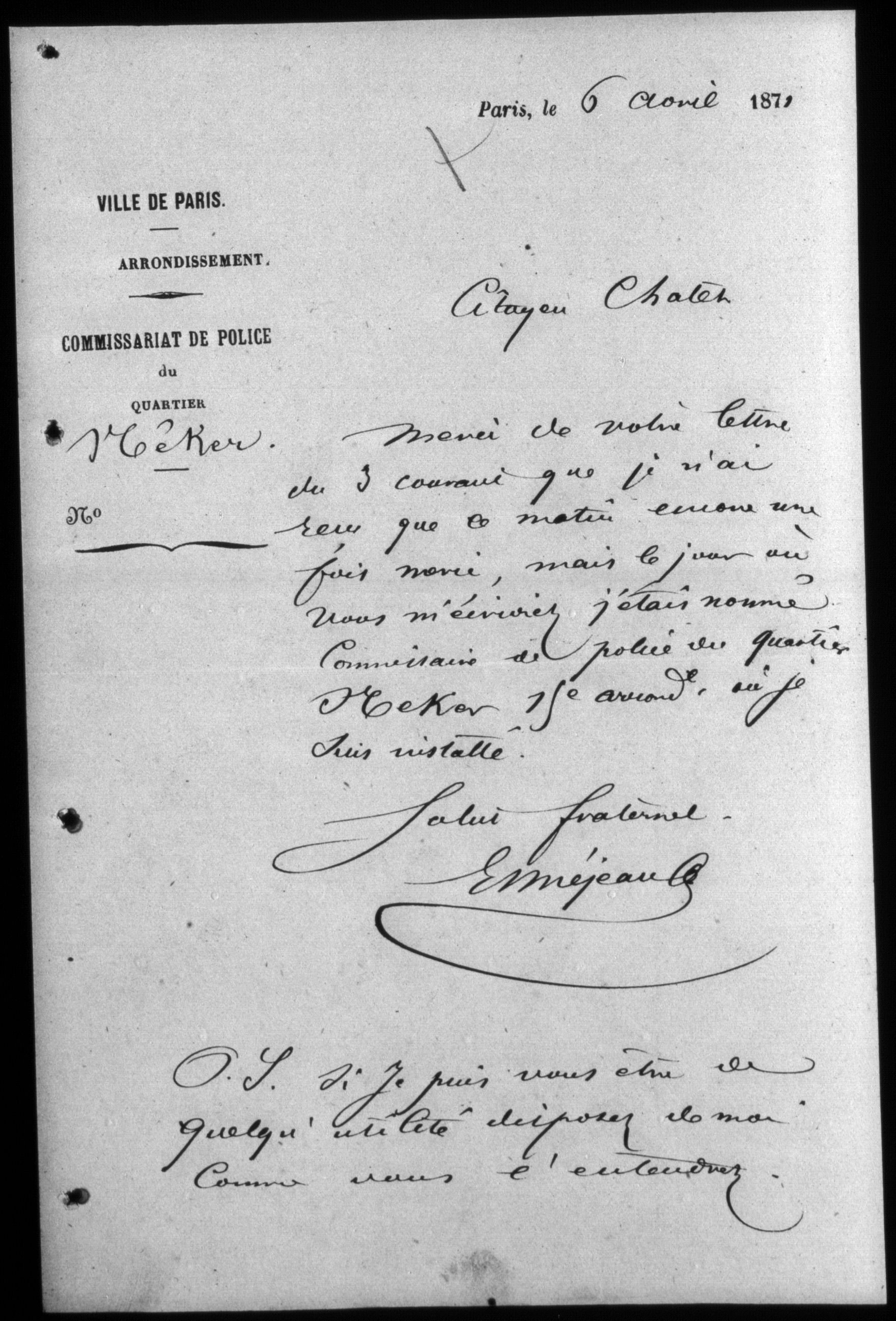 Internationaal Instituut voor Sociale Geschiedenis, Letter from E. Méjeau, coming from police department of the Necker, Paris, available here
