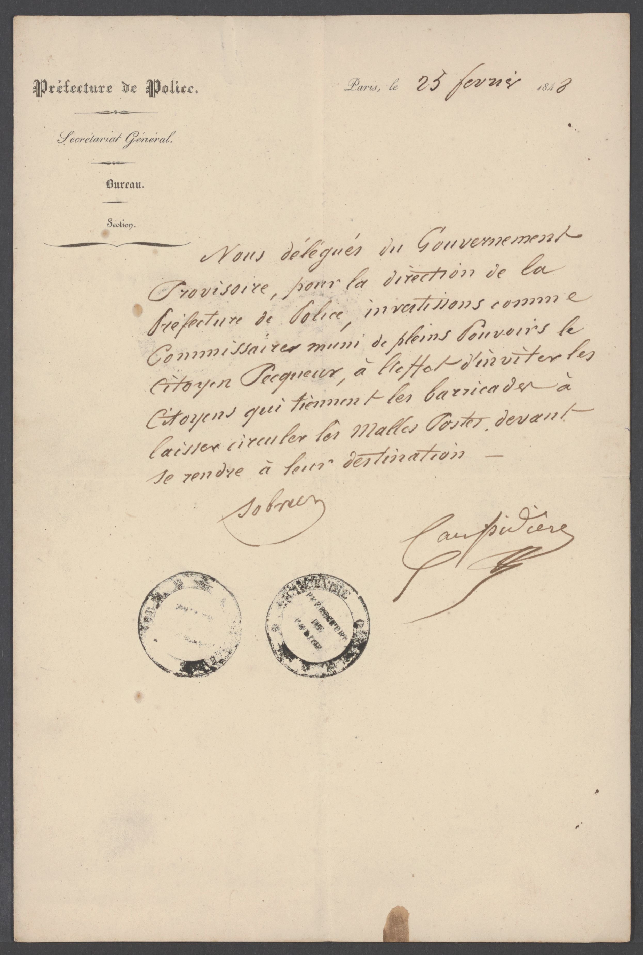 Internationaal Instituut voor Sociale Geschiedenis,  The police prefecture gave to revolutionary Constantin Pecqueur the role of Commissioner, 25 february 1848, avalaible here
