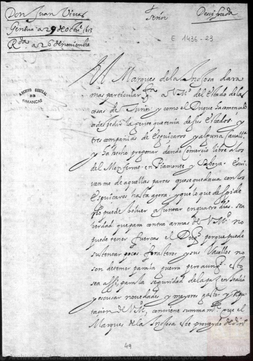Archivo General de Simancas, First page of the letter from Juan Vivas de Cañamás, ambassador in Genoa, to Philip III, King of Spain, regarding the damages caused in Monferrato (in North-West italy) by companies of gypsies and Frenchmen (1613), available here
