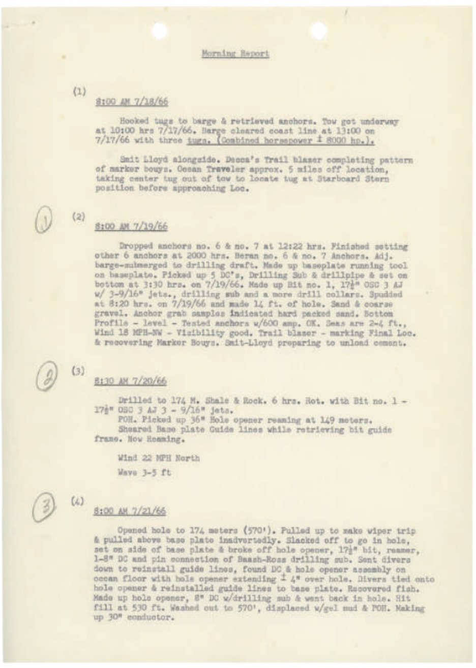 Regional State Archive of Stavanger, First oil drilling on the Norwegian shelf, Morning Reports - page 1, July 1966
