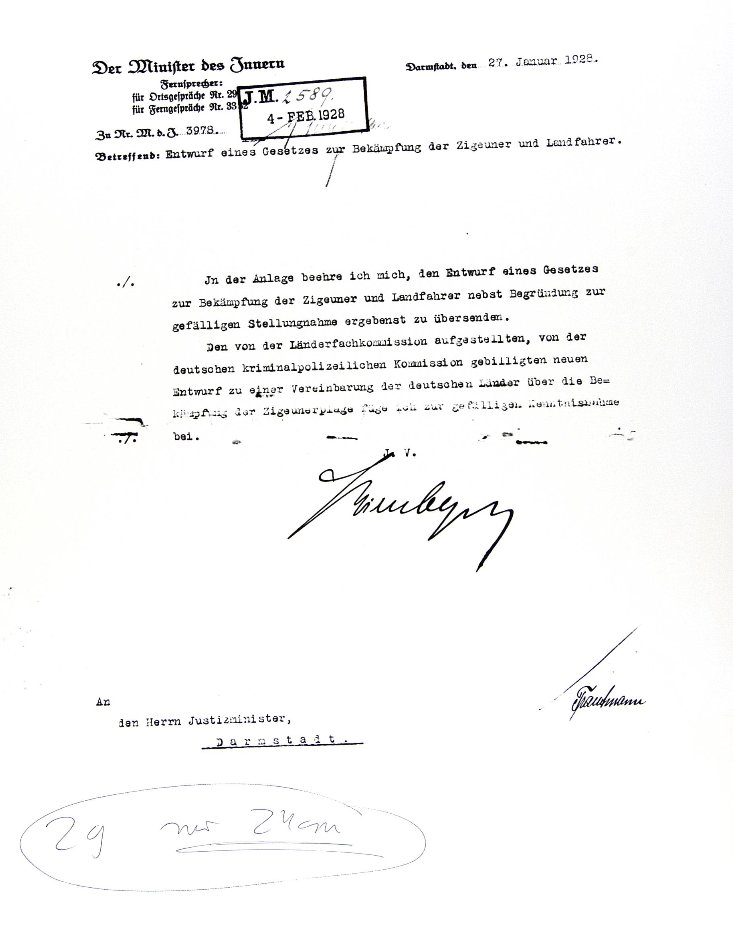 Hessisches Staatsarchiv Darmstadt, Hesse, Letter from the Ministry of the Interior on the Draft of a law to combat gypsies and rural travelers (1927), available here