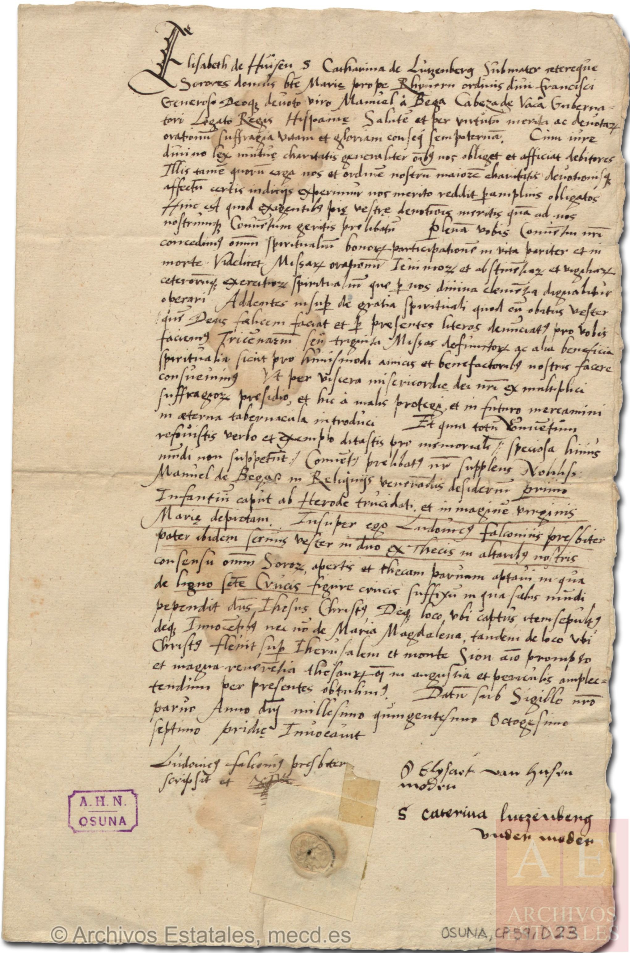 Archivo Histórico de la Nobleza, Concessions of Isabel de Hiusen and Catalina de Lizenberg, mothers of 
the Order of San Francisco, to Manuel Vega Cabeza de Vaca, captain of 
the Spanish infantry, governor, and envoy of the king of Spain in 
Germany, avalaible here 
		