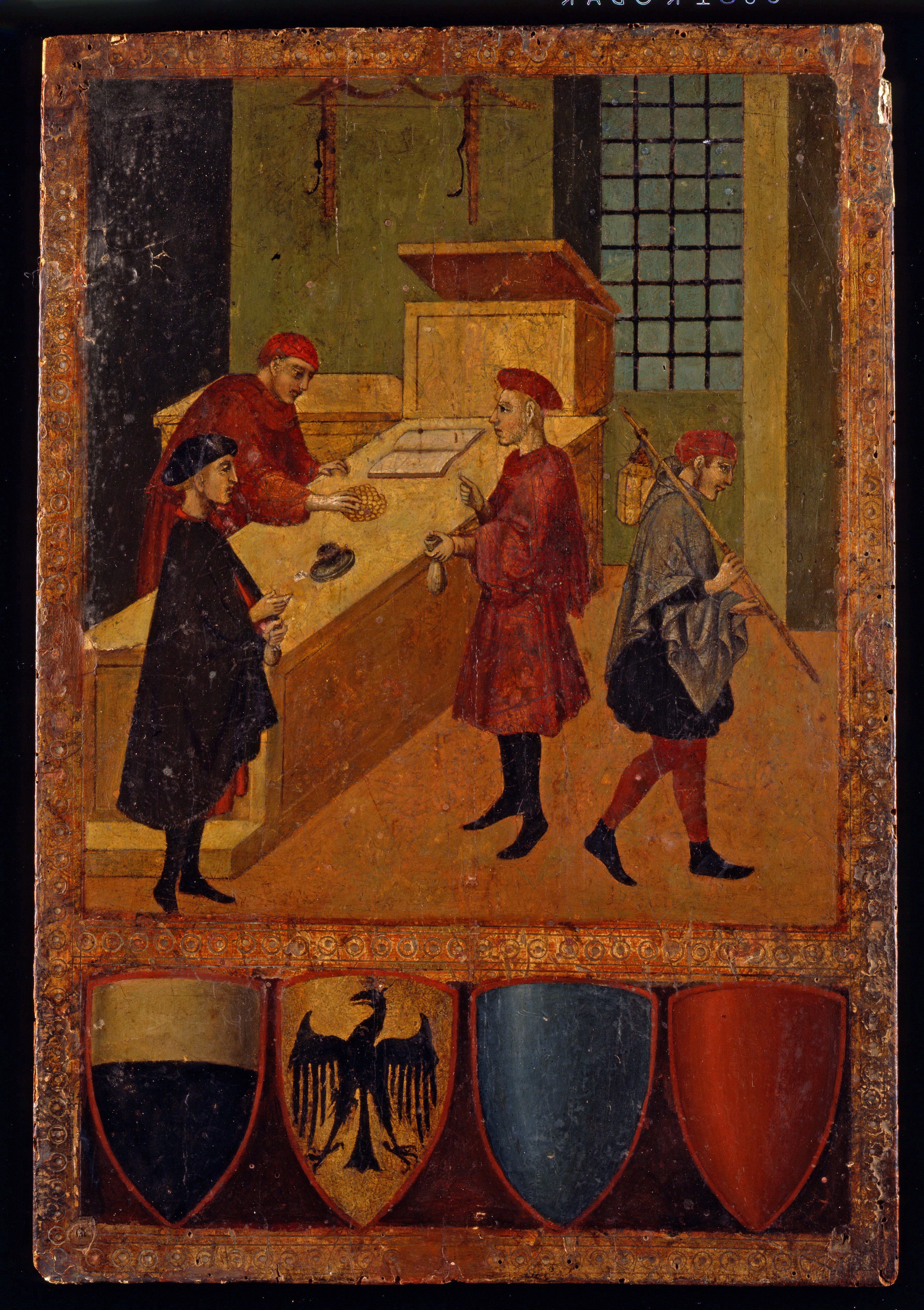 Wooden cover of a Biccherna register with a depiction of a merchant desk, last quarter of the 14th century (Siena State Archives, Biccherne).