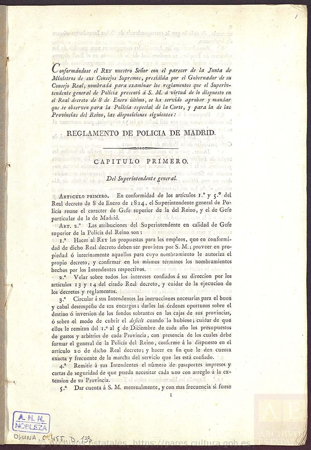 Archivo Histórico de la Nobleza, España,  Official regulation of the Madrid police forces, 1824, avalaible here
