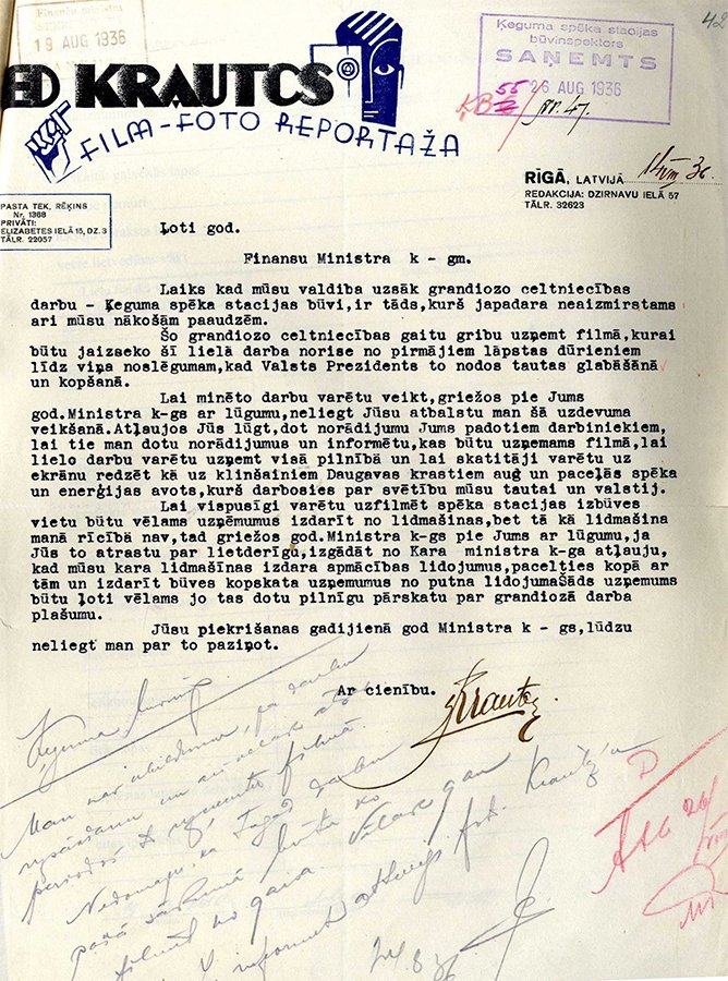 Letter of photographer to Minister of Finance of Latvia with an idea of memorializing in picture the building process of Ķegums Hydro Power Plant. August 1936. LNA LVVA, 7319.f., 1., 68., 424. lp.