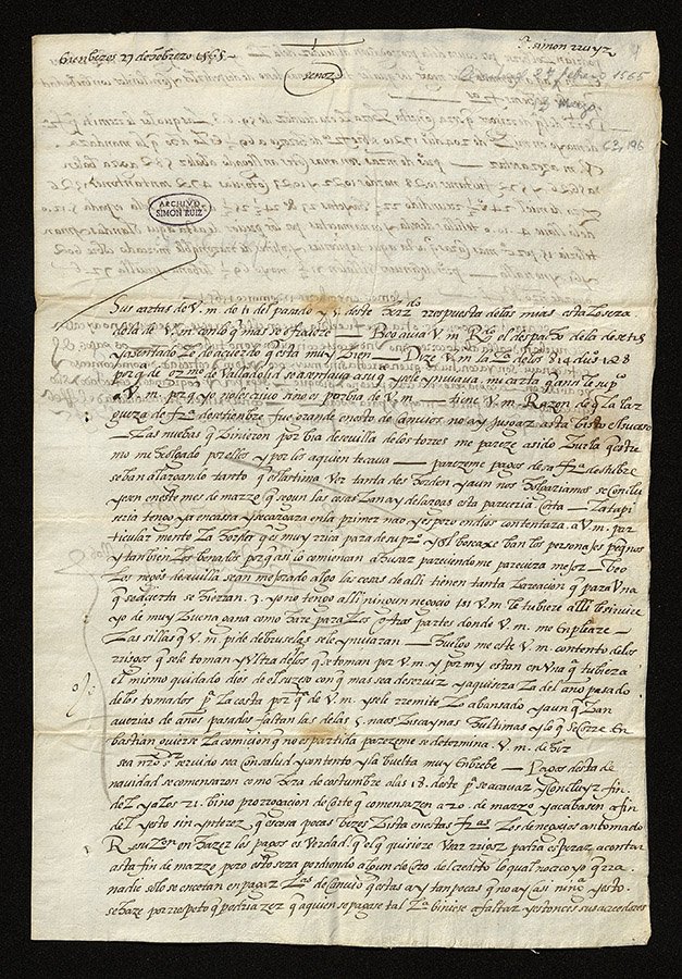 Letter sent by Fernando de Frías Ceballos about flemish tapestry. Amberes, 27 February 1565; Archivo Simón Ruiz, ASR, C, caja 3-196