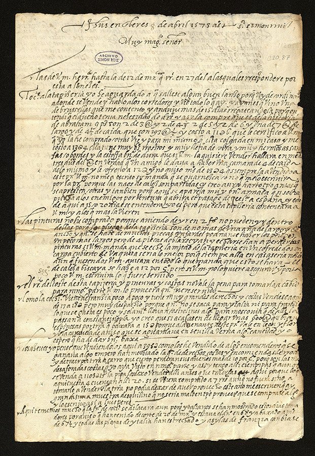 Letter sent by Juan de Cuéllar about flemish tapestry. Amberes, 8 April 1573; Archivo Simón Ruiz, ASR, C, caja 20-87
