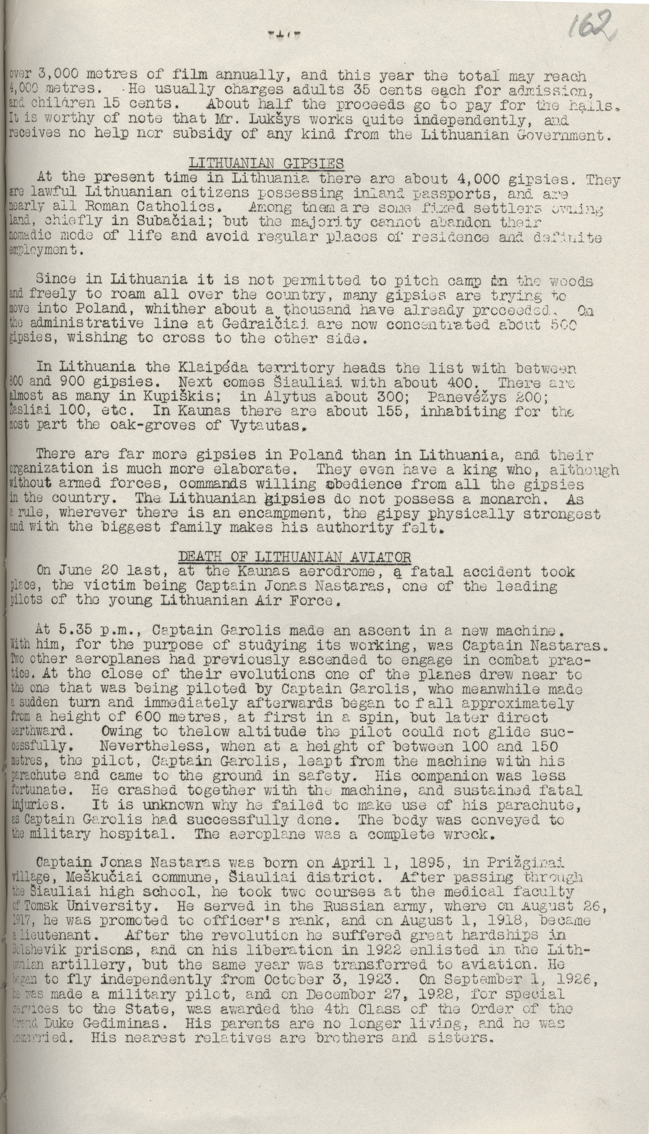 Lithuanian Central State Archives Lithuanian telegram agency (ELTA) report on Roma in Lithuania (1929)