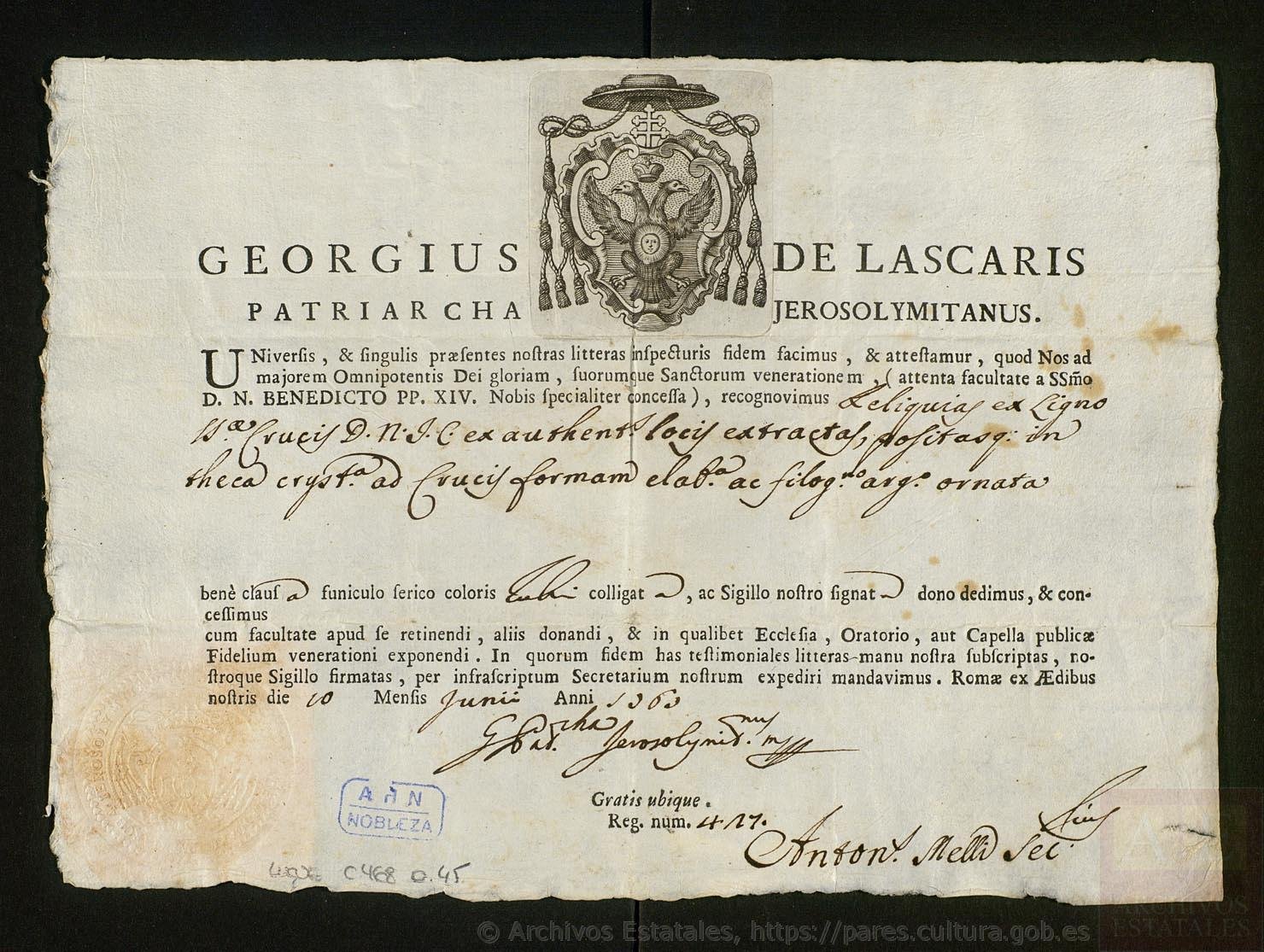 Archivo Histórico de la Nobleza, Certificates of authenticity from Rome, for various relics, avalaible here