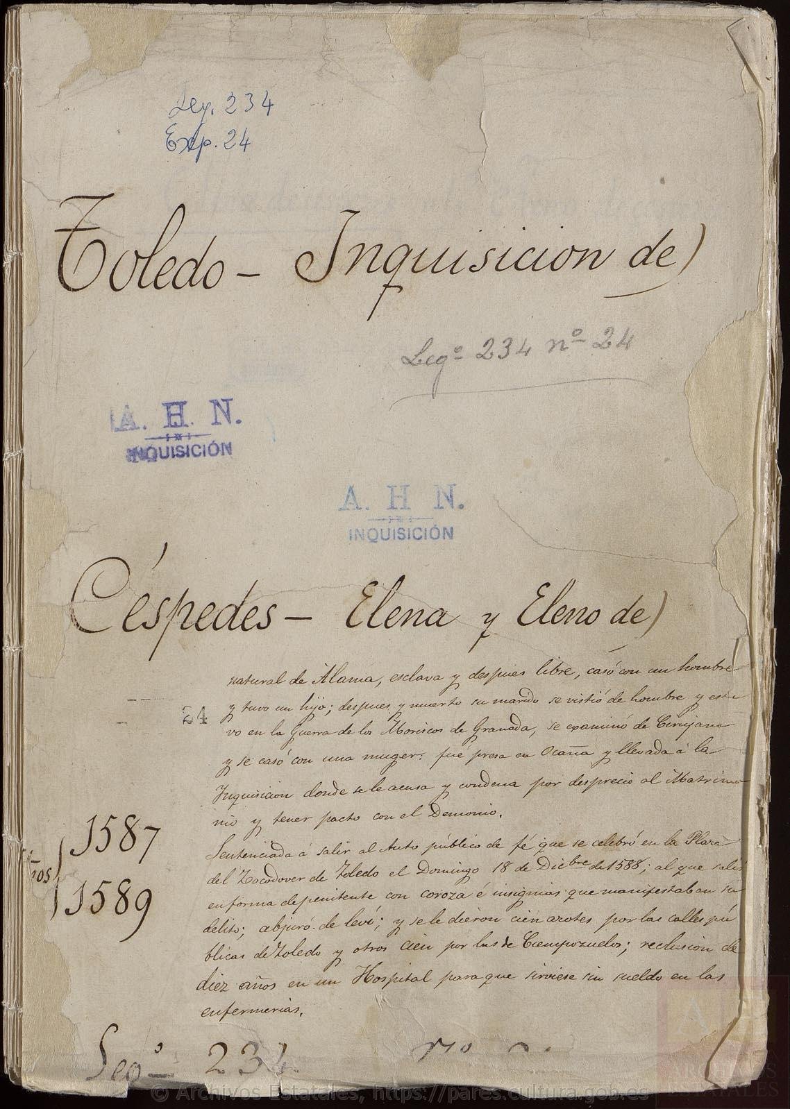 Archivo Histórico Nacional,Trial of Faith of Elena de Céspedes by the Spanish Inquisition Tribunal in Toledo, 1587-9, available here