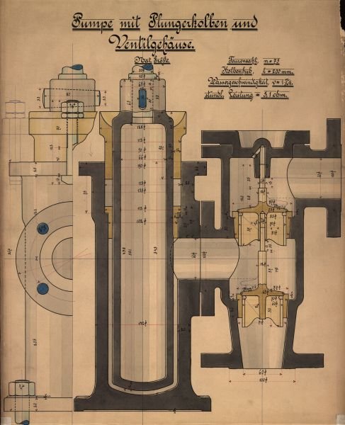 Coloured drawing of a plunger pump, scale 1:1, by Karl Paul Püschel, student at the Royal Master School, horizontal and vertical views, 1900