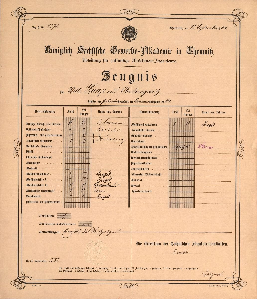 Certificate of the Royal Mercantile College in Chemnitz for the student Willi Kunze in his 7th term, 1904