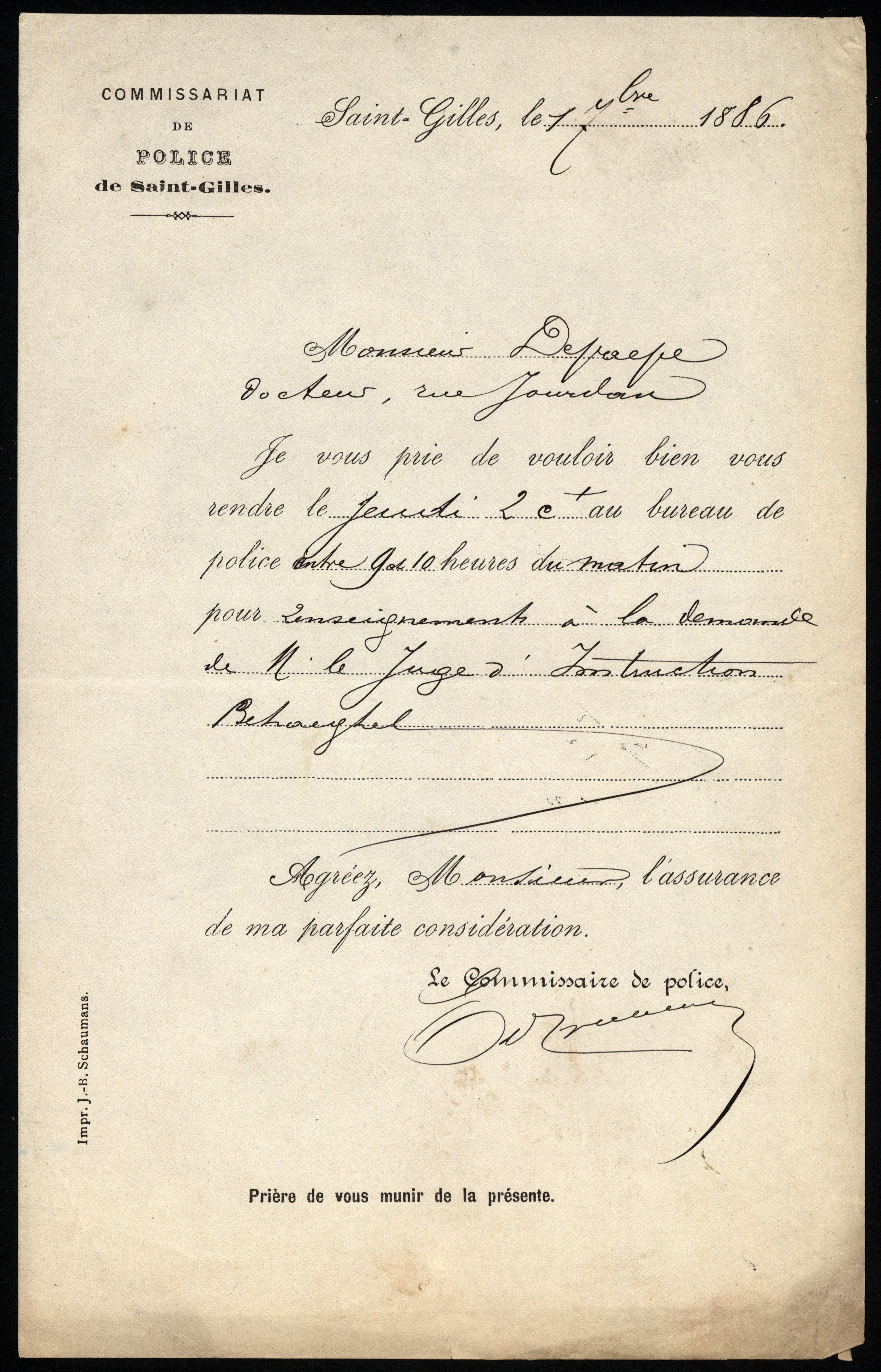 Internationaal Instituut voor Sociale Geschiedenis, César De Paepe, was called to present at the prefecture of Saint-Gilles, 1866, avalaible here
