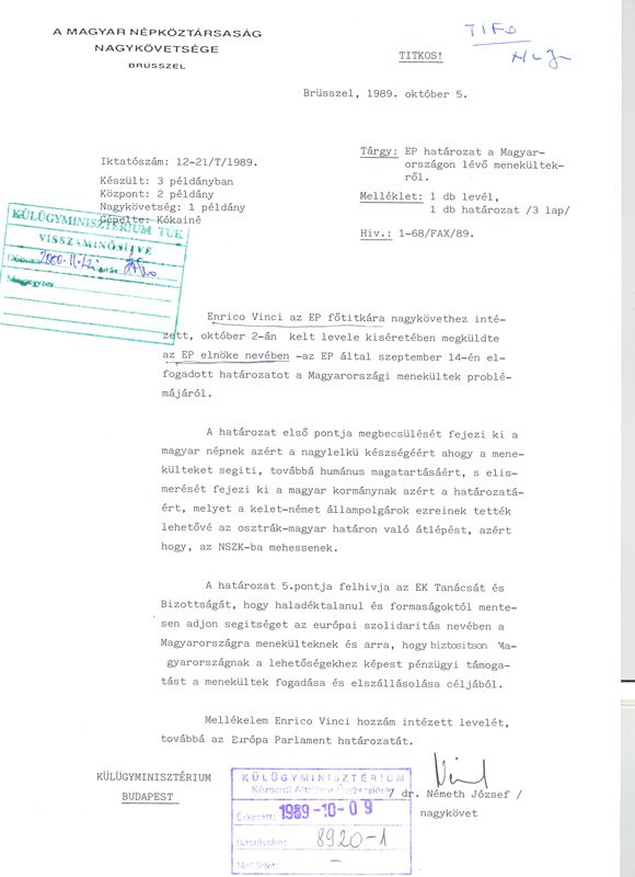 MNL OL – XIX–J–1–k–1989–VI–62–8920-1 (156. d.) (1/6)(NAH)5 October 1989.Official letter of the Hungarian embassy in Brussels to the Ministry of Foreign Affairs about the decision of the European Parliament.