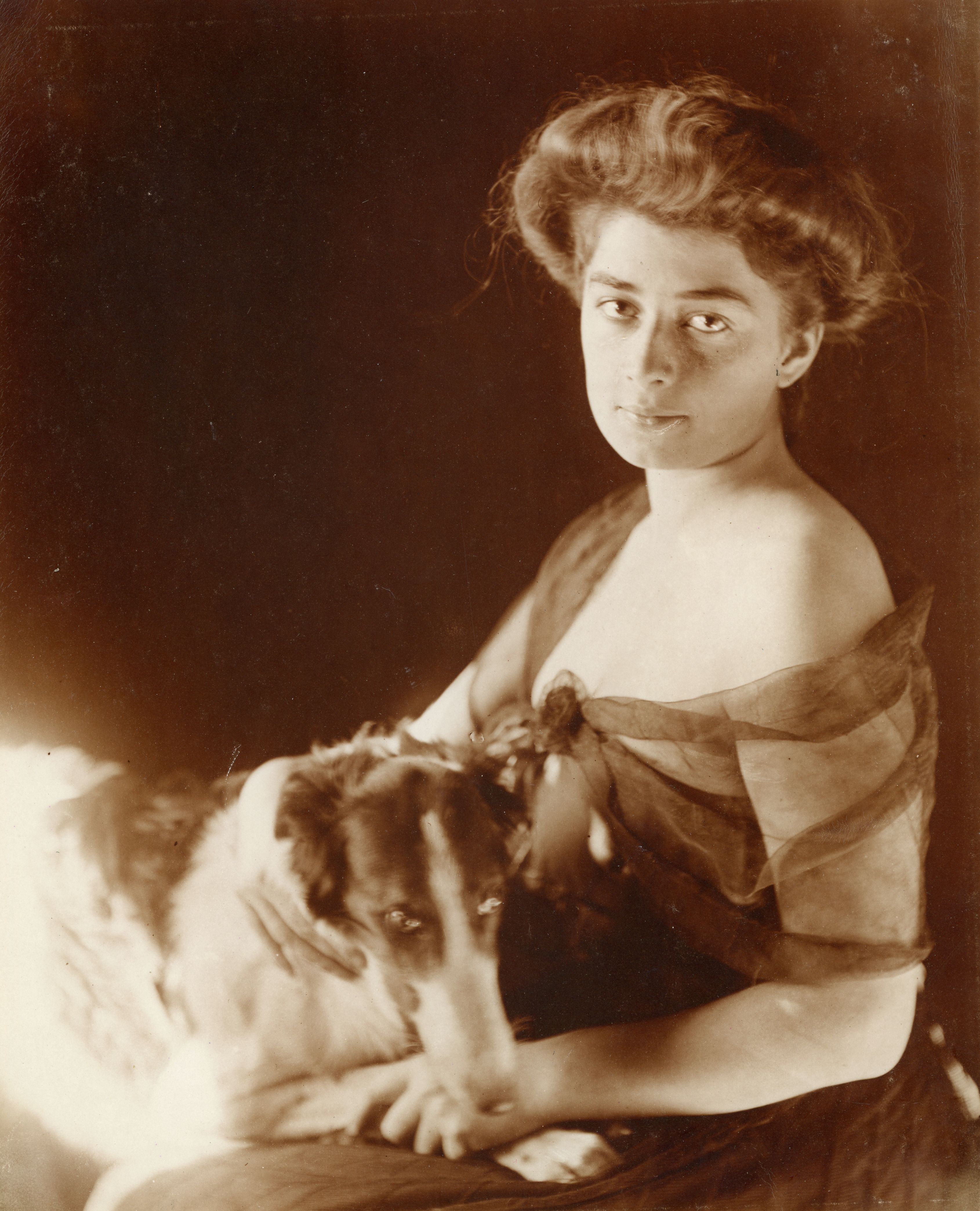 Princess Martha Bibescu and her dog.  Known outside of Romania as Marthe Bibesco (Martha Lucia, born Lahovary, 1886 –1973), she was a well-known Romanian-French writer, socialite, style icon and political hostess. BU-FD-01073-6-00090-130