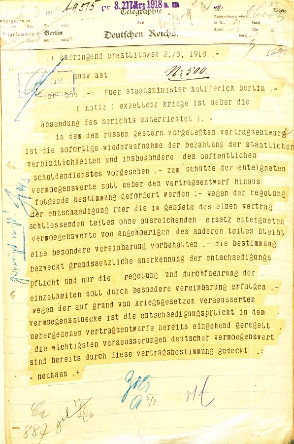 Telegram to the German minister of state Karl Helfferich with the peace conditions for Soviet Russia, 2/3 March 1918BArch, R 704/56 fol. 132 