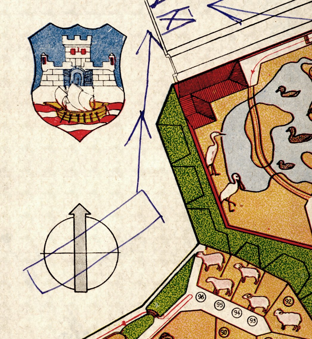 Upper-left corner: Coat of arms of Belgrade – The coat of arms was designed by painter Đorđe Andrejević-Kun and adopted by the zoo in 1931. The arms contain the Serbian national colours – red, white and blue. The white walls and tower symbolise the 
