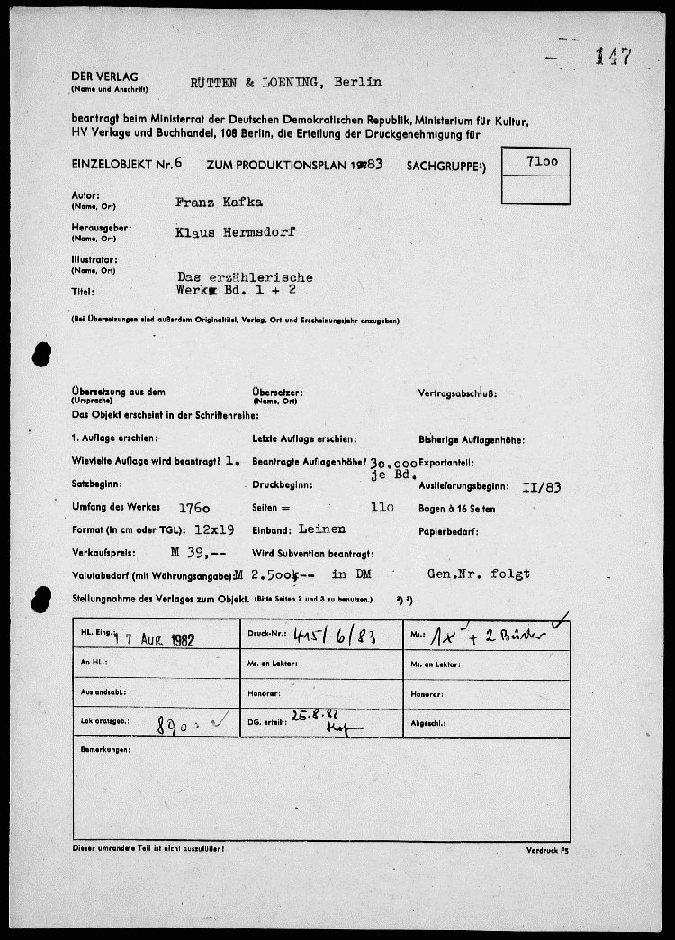 Bundesarchiv, Scrutiny operated by the DDR on Kafka’s work, needed in order to approve publication (1983-1985), available here