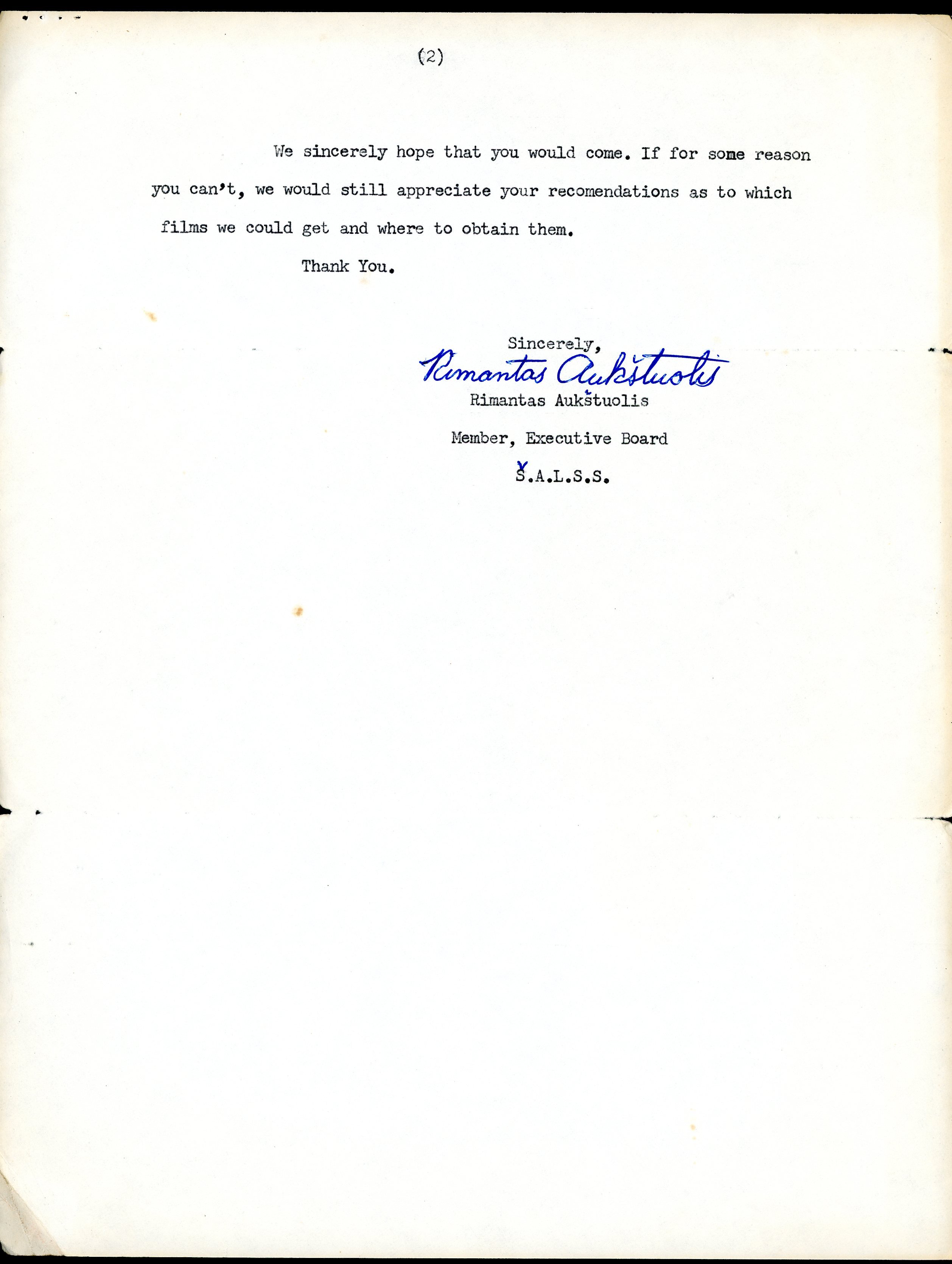 A letter from the Lithuanian students' association of North America, 
inviting Jonas to their annual conference, most likely in 1972. Biržai District Municipality Jurgis Bielinis Public Library Jonas and Adolfas Mekas Heritage Studies Center
	
