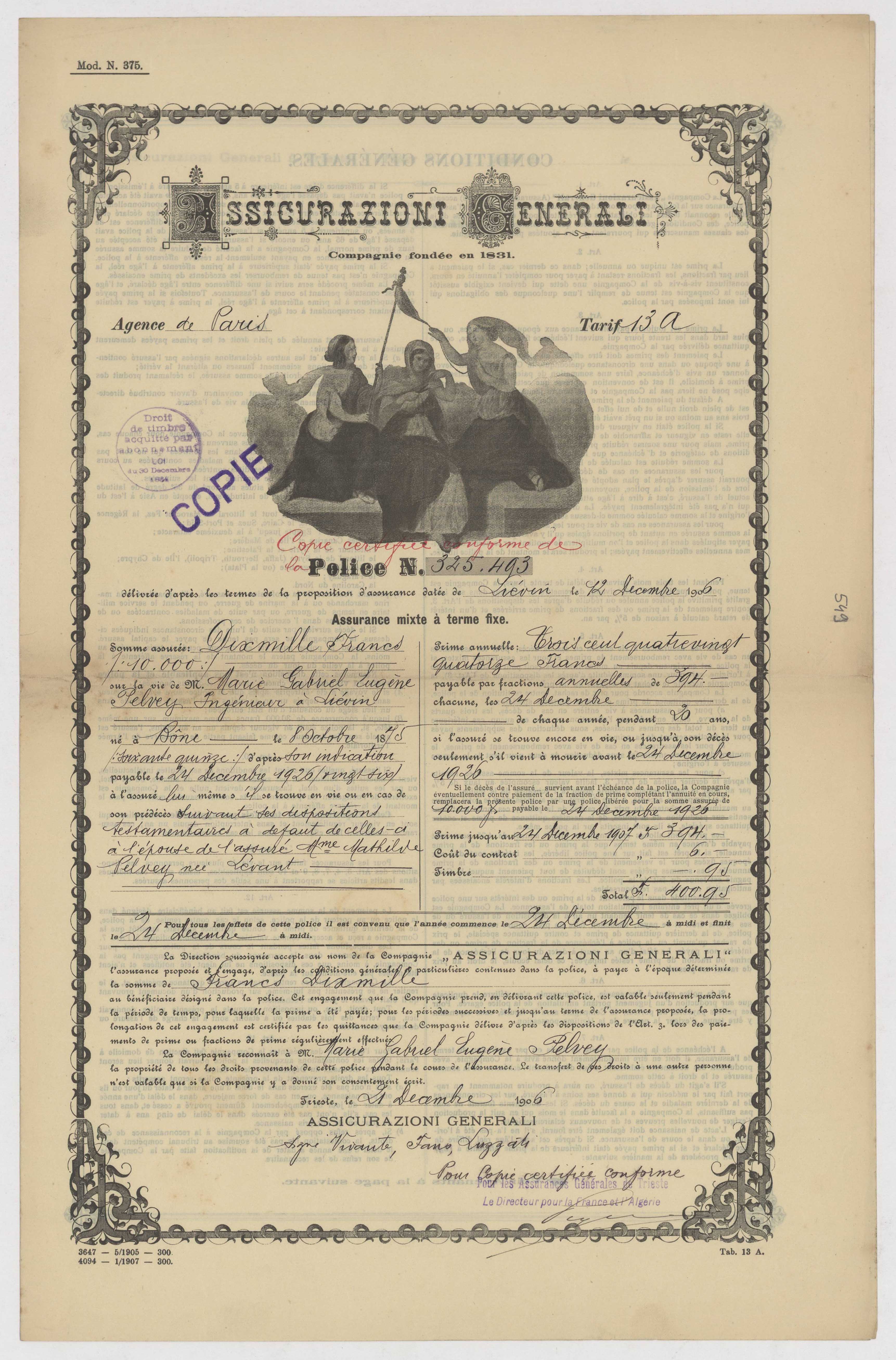 Archives Nationales du monde du travail, Document about Assicurazioni Generali, available here