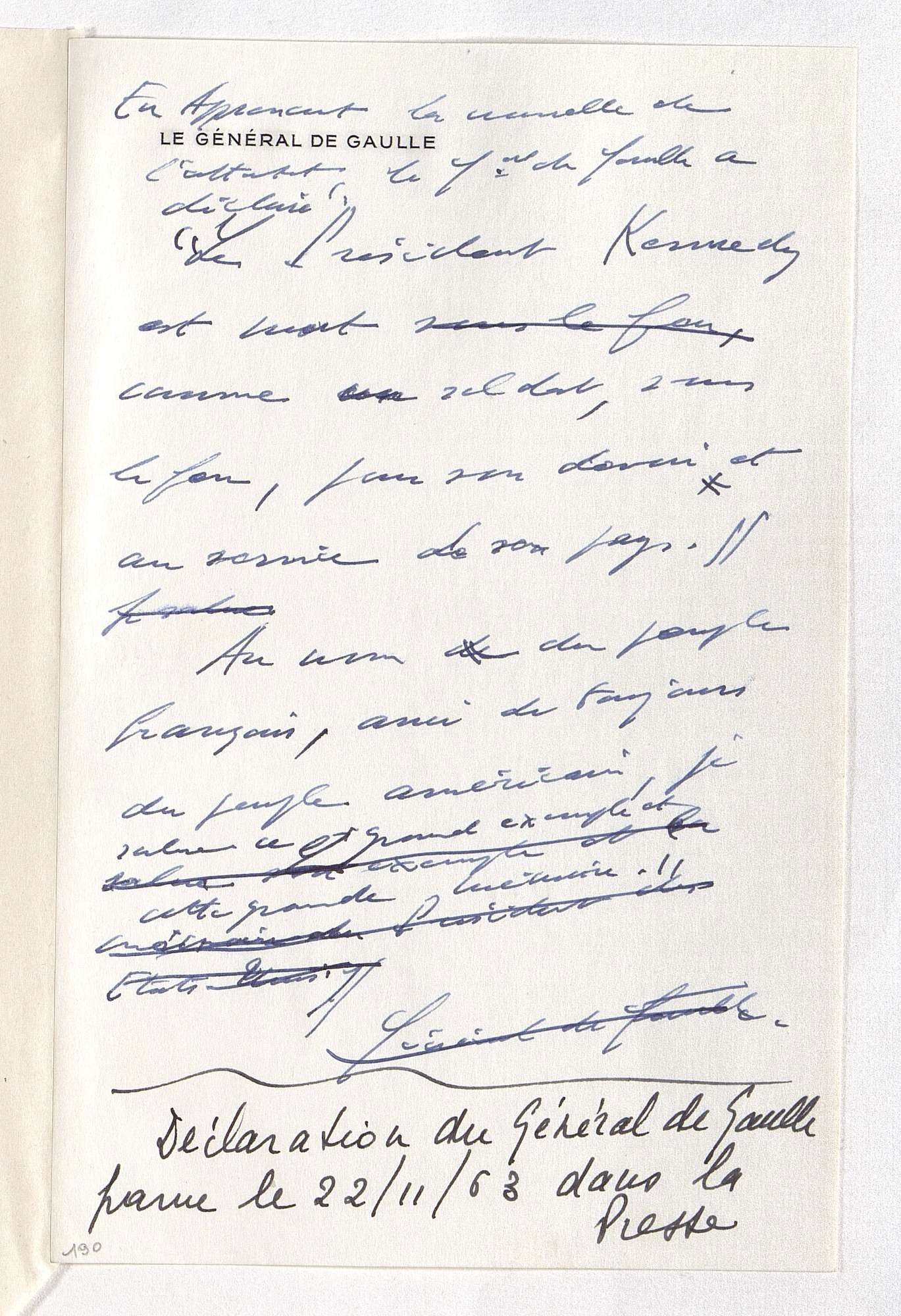 

Archives Nationales, Statement published in the press following the assassination of John Fitzgerald Kennedy, in Dallas, Texas, November 22, (1963), available here


