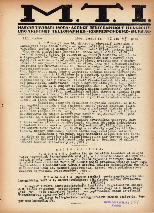 Magyar Nemzati Leveltar, Hungarian Telegraphic Office, III. edition 14 June 1924. 12.45 pm, HU_MNL_OL_K_428_a_085_1924_06_14