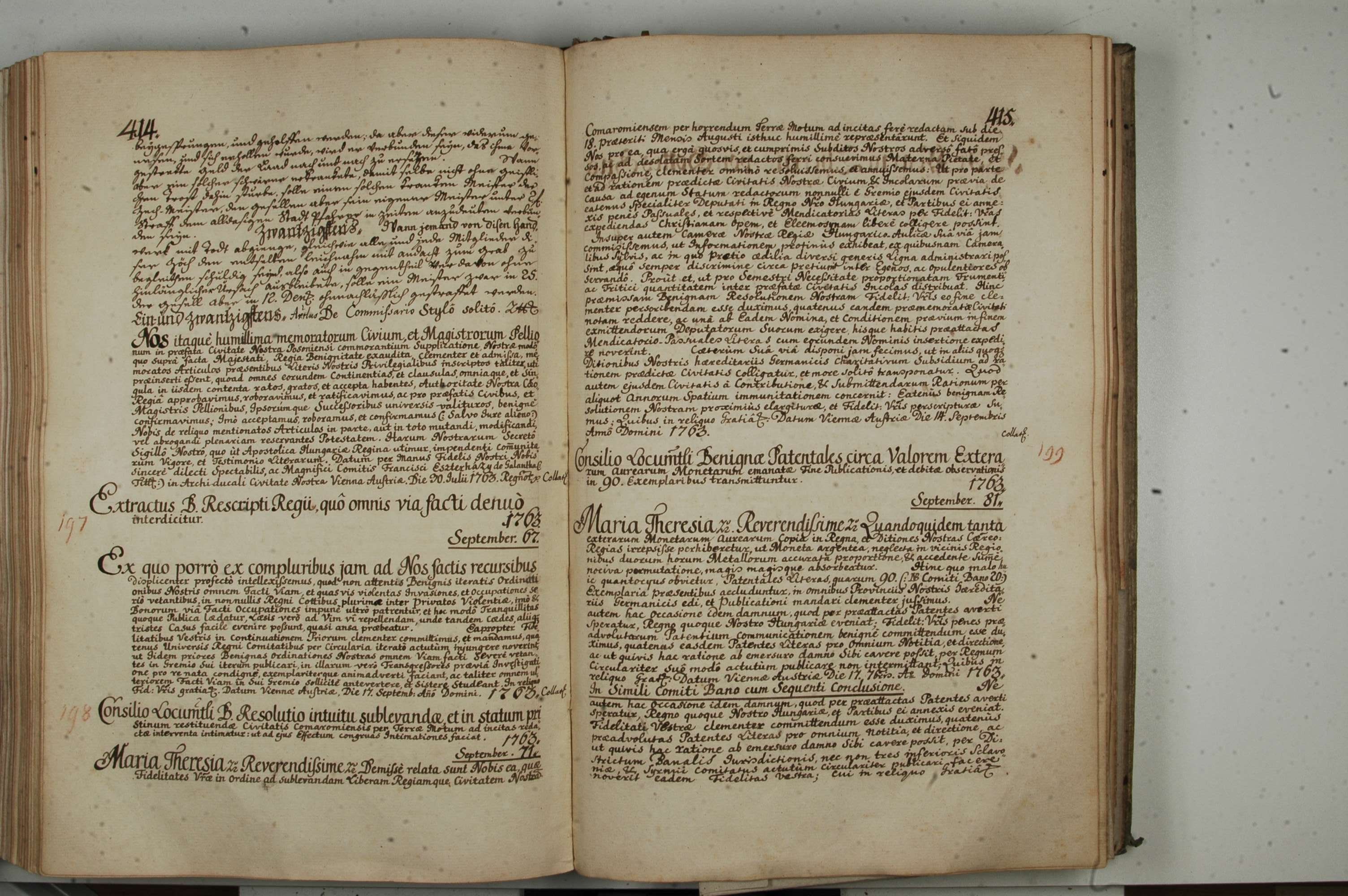 Magyar Nemzeti Levéltár , Libri Regii (1763), pages 414-15 - HU MNL OL W1 A57 Volume 46