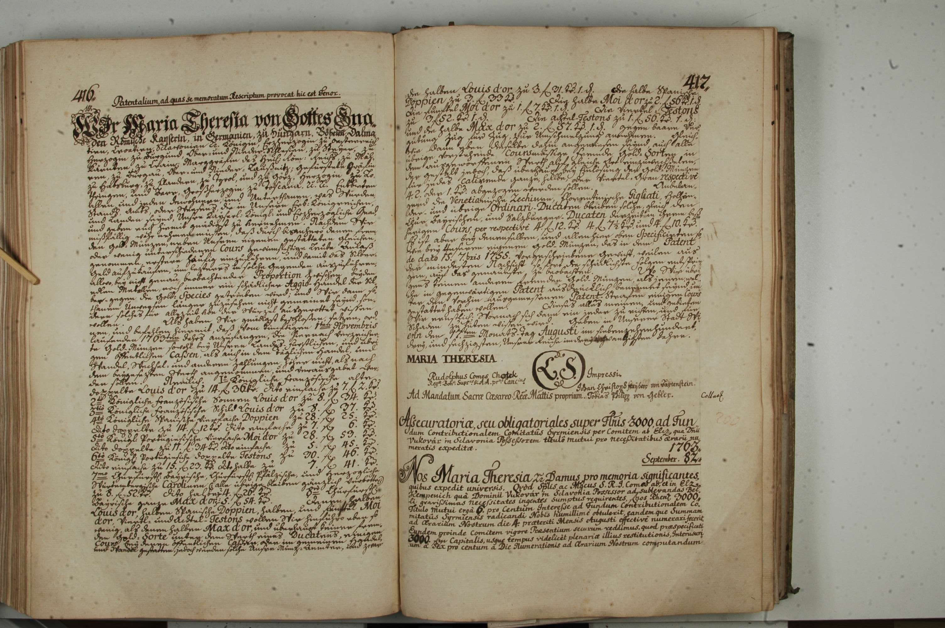 Magyar Nemzeti Levéltár , Libri Regii (1763), pages 416-17 - HU MNL OL W1 A57 Volume 46