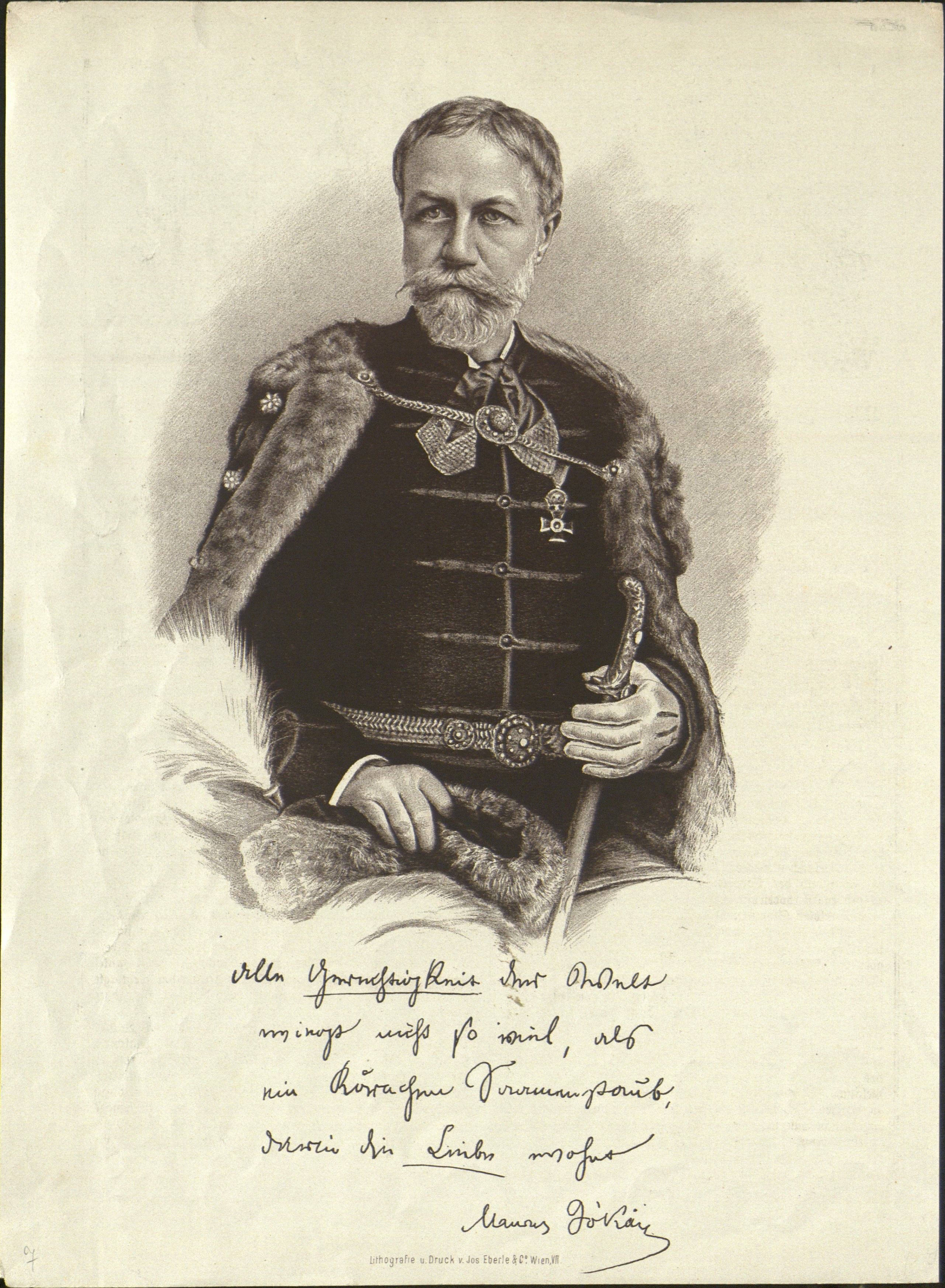 Hungarian National Archives, Lithograph of Mór Jókai with a gallant German-language text accompanied by his autograph handwriting and signature
