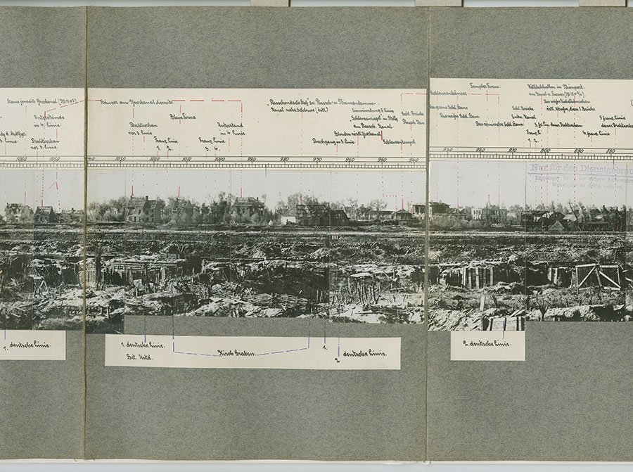This image shows the detail of a panoramic picture from the balloon unit of the airship troops. It shows German and French dispositions near Belgian Lombardsijde.Title: Marine-Fesselballon-Abteilung.- Rundbild der französischen Lombartzyde-Stellung - Reference number: BArch RM 110/644 - Link to descriptive unit in Archives Portal Europe here
