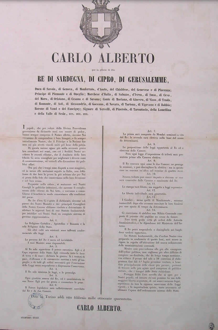 Archives Nice Côte d'Azur, Statuto Albertino (1848), https://www.archivesportaleurope.net/advanced-search/search-in-archives/results-(archives)/?&repositoryCode=FR-FRAC006088&term=per+la+grazia+di+Dio+&levelName=clevel&t=fa&recordId=FRAC006088_000000017&c=C639503650 Digital object available at https://recherche.archives.nicecotedazur.org/archives/show/FRAC006088_000000017_de-94