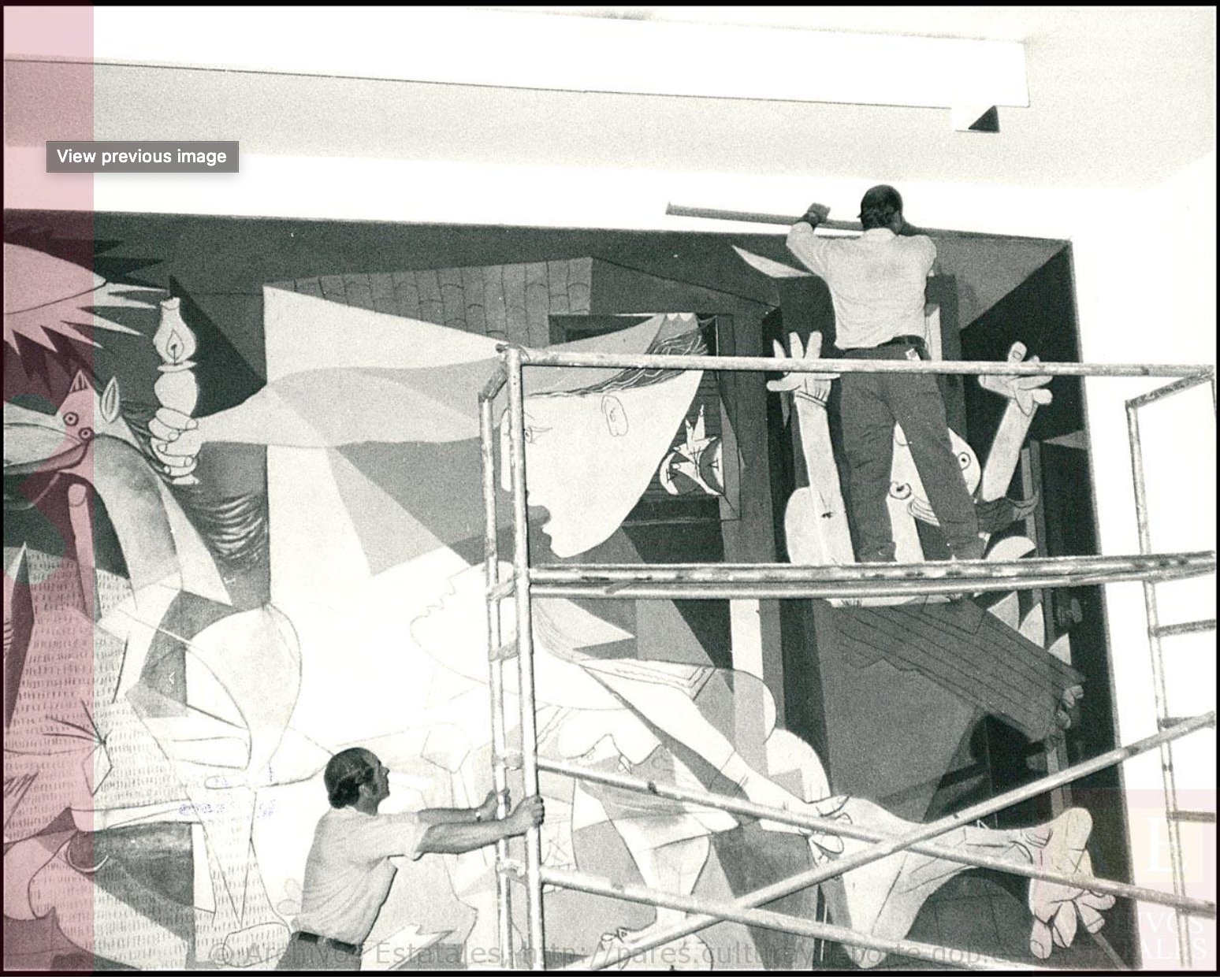 Archivo Histórico Nacional, 
Photographs of the Guernica dismantling process on the Museum of Modern 
Art (MOMA, New York) and its subsequent setting up on the Casón del Buen
 Retiro (Madrid) (1981), available at http://www.archivesportaleurope.net/advanced-search/search-in-archives/results-(archives)/?&repositoryCode=ES-28079-AHN9&term=picasso+museum+&levelName=clevel&t=fa&recordId=ES-28079-AHN-UD-12654704&c=C547327728