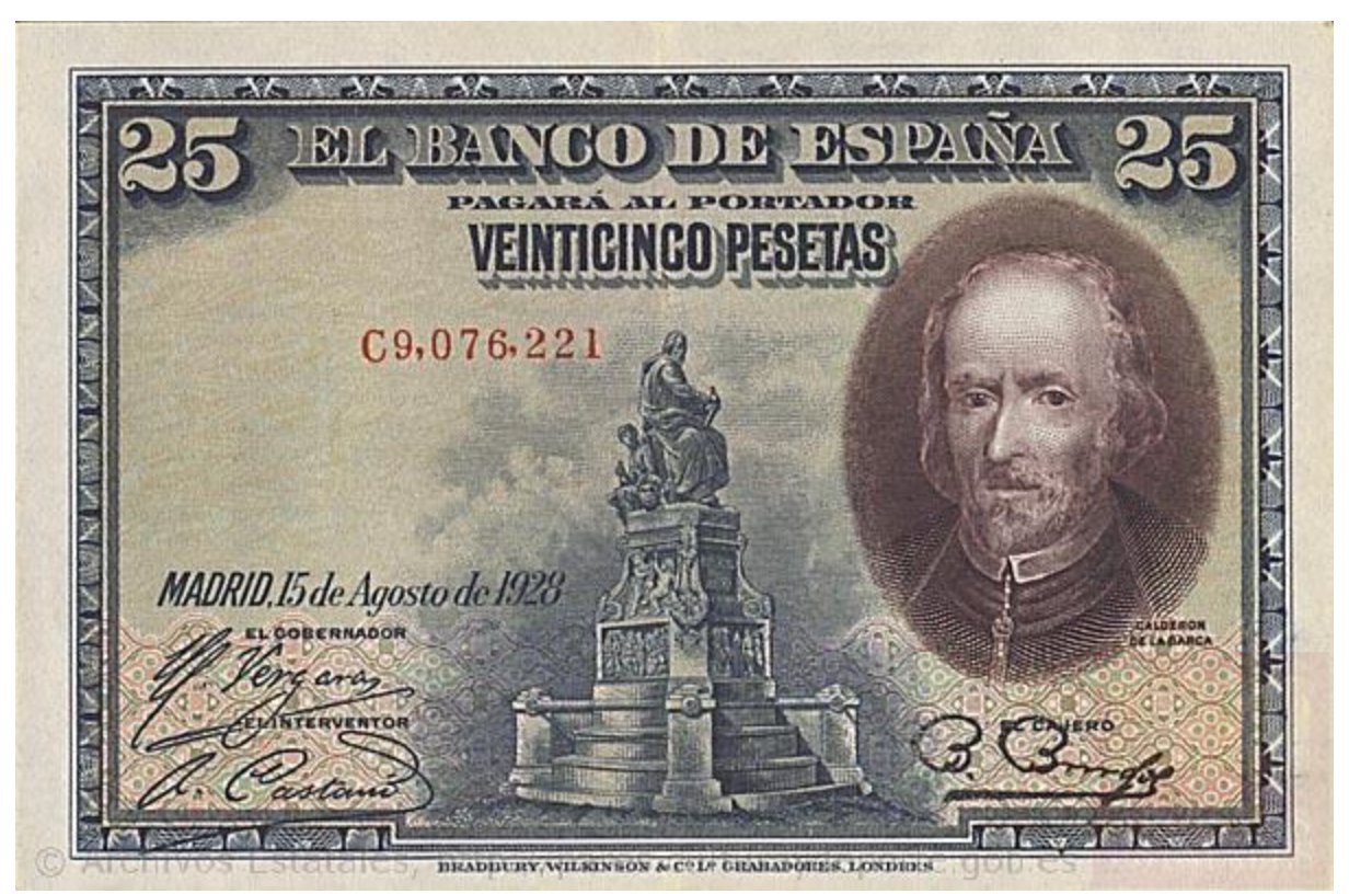 Archivo Histórico Nacional, Varios billetes o papel moneda con valor en pesetas emitidos por el Banco de España - Various peseta banknotes issued by the National Bank of Spain (1928-1935), available here
