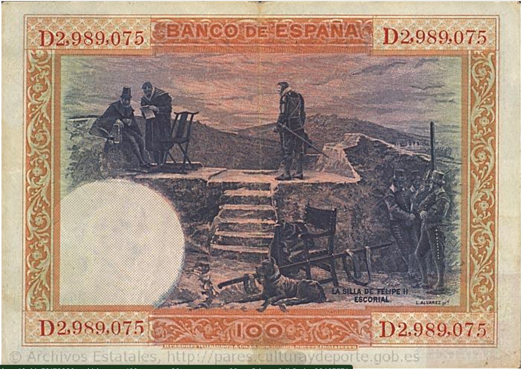 Archivo Histórico Nacional, Varios billetes o papel moneda con valor en pesetas emitidos por el Banco de España - Various peseta banknotes issued by the National Bank of Spain (1928-1935), available here
