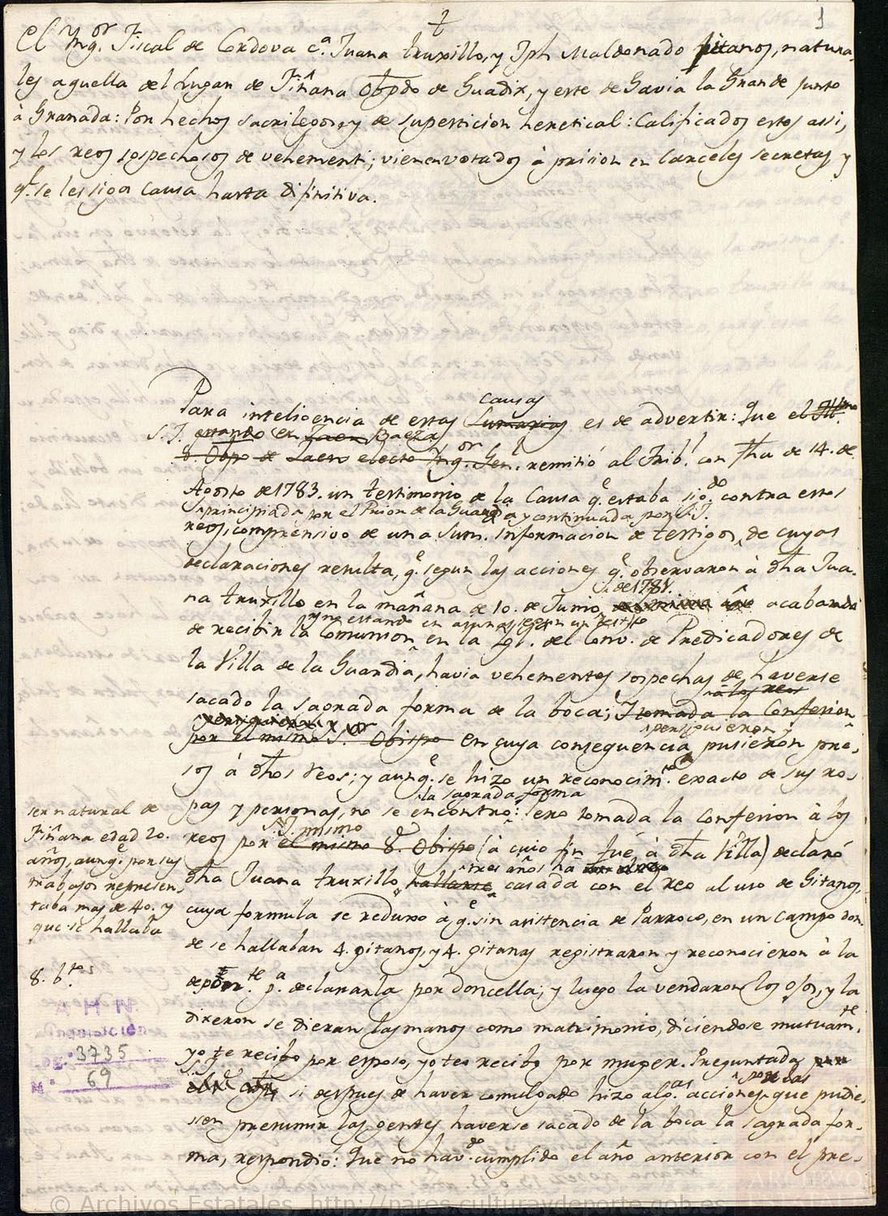 Archivo Histórico Nacional , Allegations against Trujillo, Juana and Maldonado, José (1783), first page, available here
