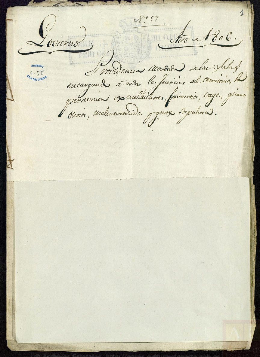 Archivo de la Real Chancillería de Valladolid, Expediente por el que se ordena la persecución de malhechores, vagos, gitanos, ociosos, malentretenidos y gente sospechosa (1806), first page, available here
