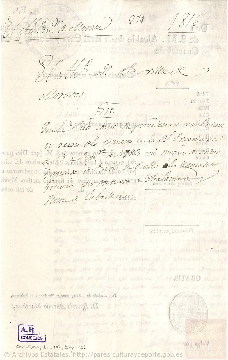 Archivo Histórico Nacional , Expediente relativo a las actividades desarrolladas por la población gitana en la jurisdicción del Rastro de la Corte (1816), available here
