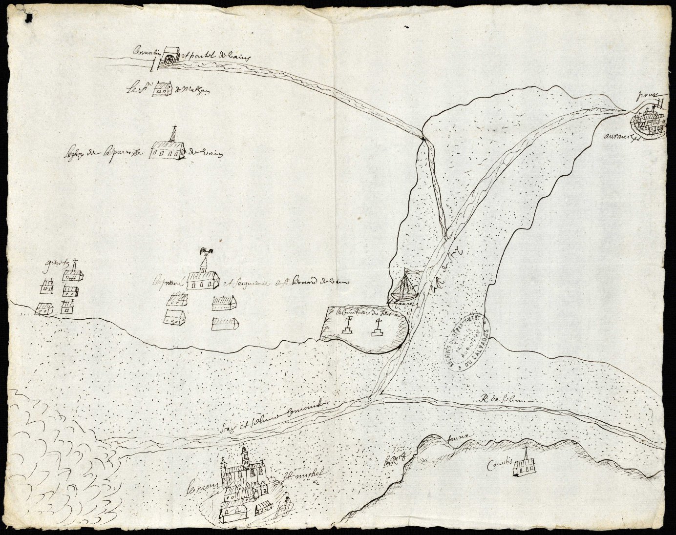Archives départementales du Calvados, Drawing of the Saint-Léonard Parish, Mont-Saint-Michel, and Avranches (1634), available here

