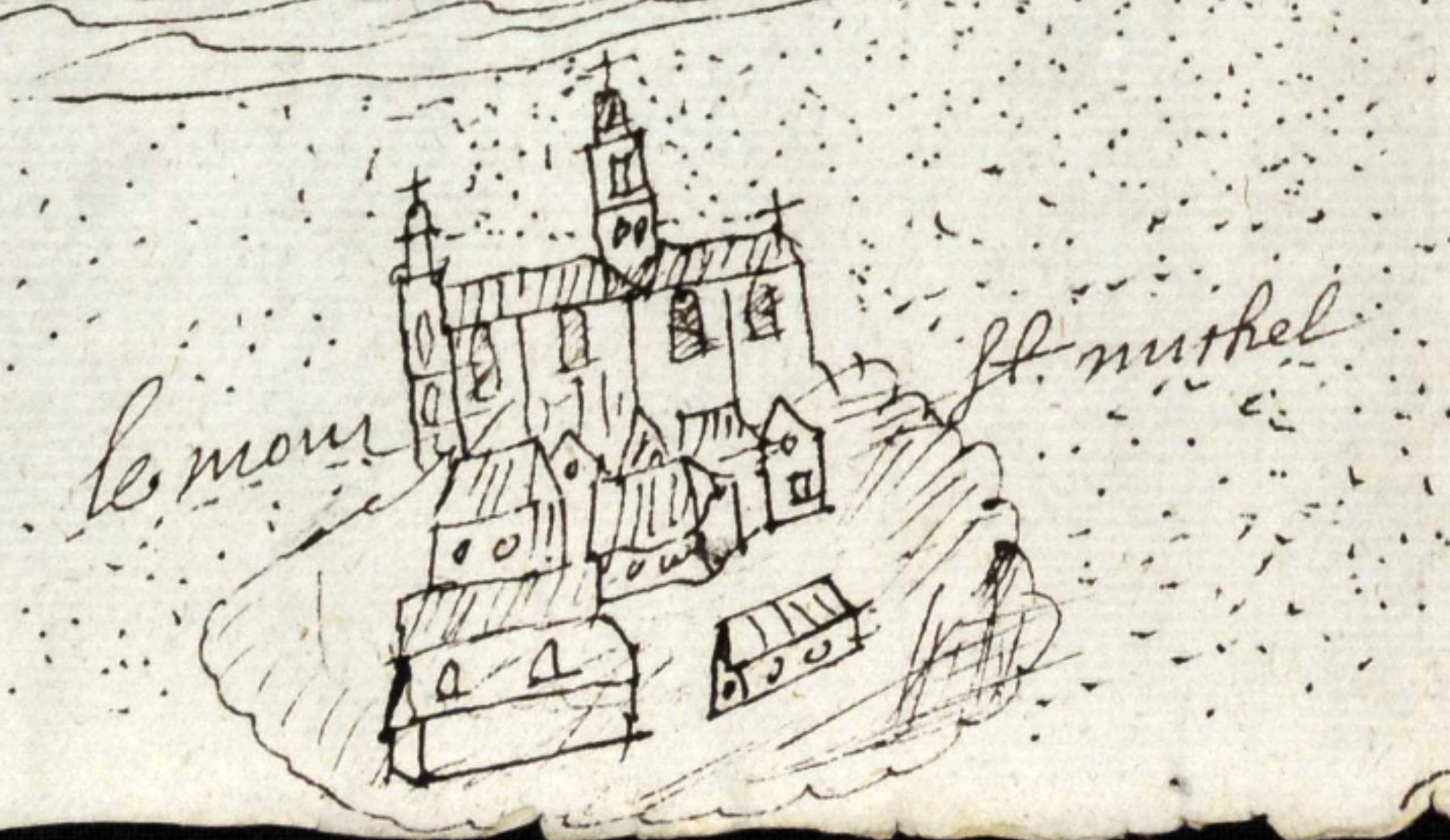 Archives départementales du Calvados, Drawing of the Saint-Léonard Parish, Mont-Saint-Michel, and Avranches (1634) - detail of Mont-Saint-Michel, available here
