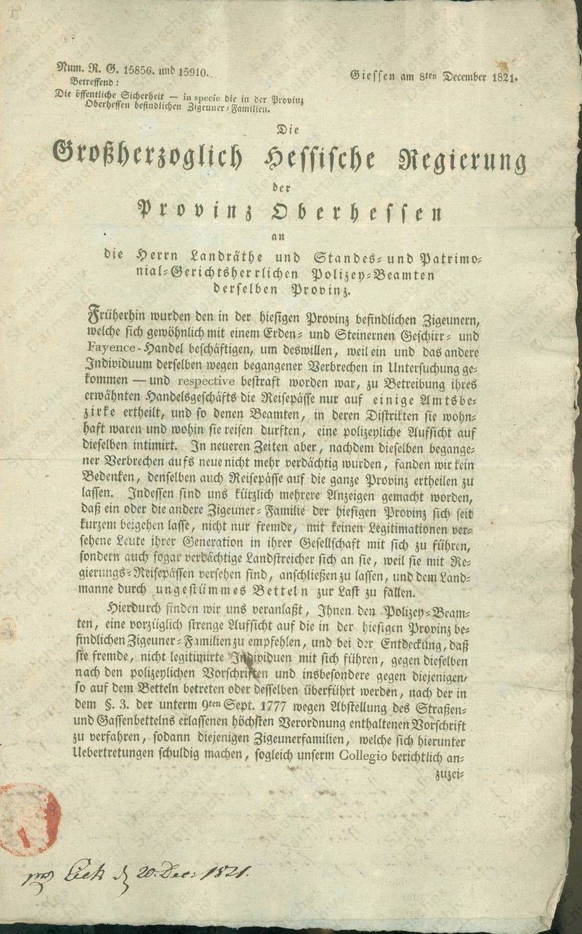 Hessisches Staatsarchiv Darmstadt, Regulation that Gypsies must be checked that there are no other persons among them before they are issued passports (8 December 1821), available here
