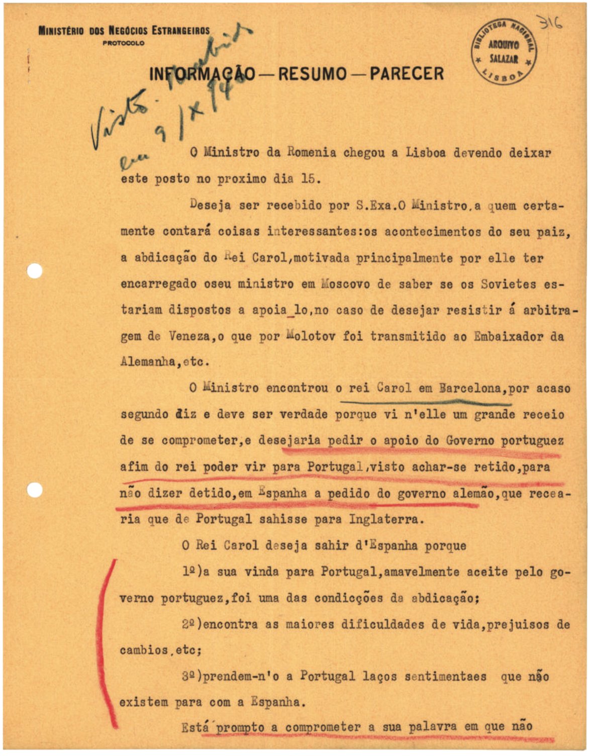 Arquivo Nacional da Torre do Tombo, Former King Carol II of Romania - Exile in Portugal, 1940–1941, 1944, 24 pages. Ref Code: PT/TT/AOS/D-J/8/2/18