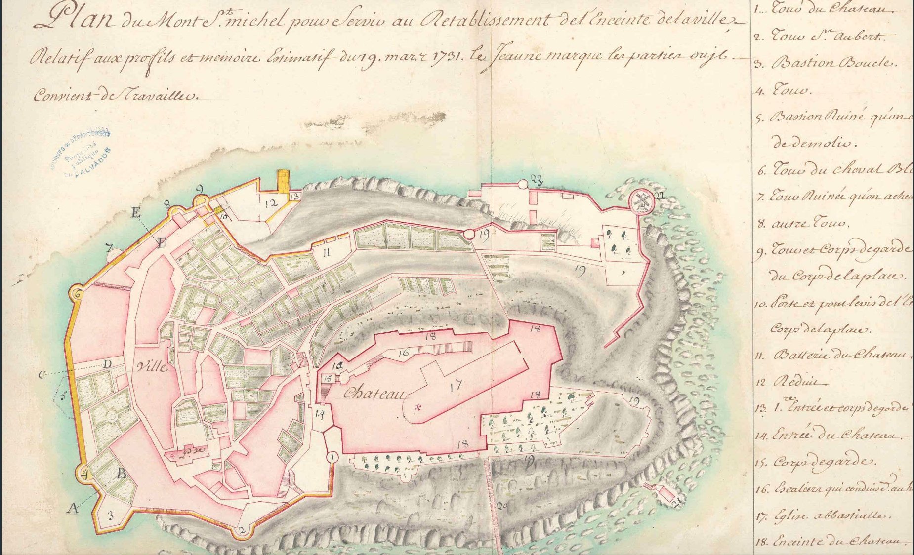 Archives départementales du Calvados, Plan du Mont-Saint-Michel pour servir au rétablissement de l'enceinte de la ville, plan of Mount St. Michel, created for the purpose of repairing the town walls (19 March 1731), available here
