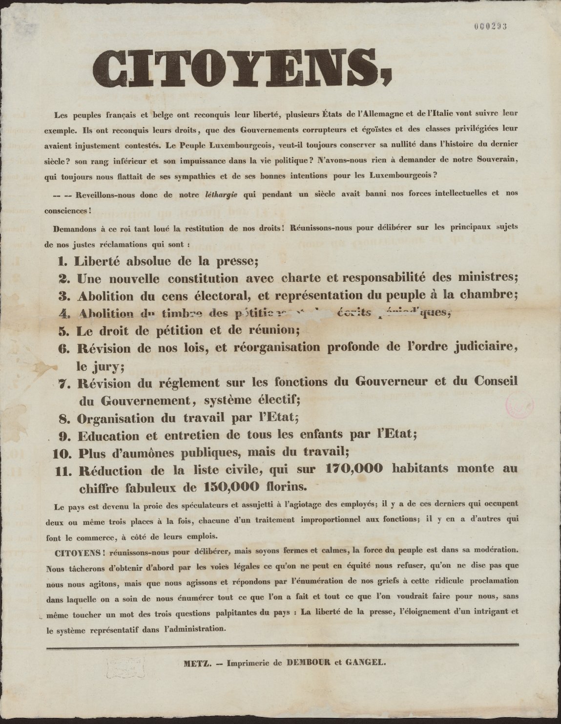 Archives nationales de Luxembourg , Opposition leaflet with political and social demands (12 March 1848), ANLux, G-0038a, available here
