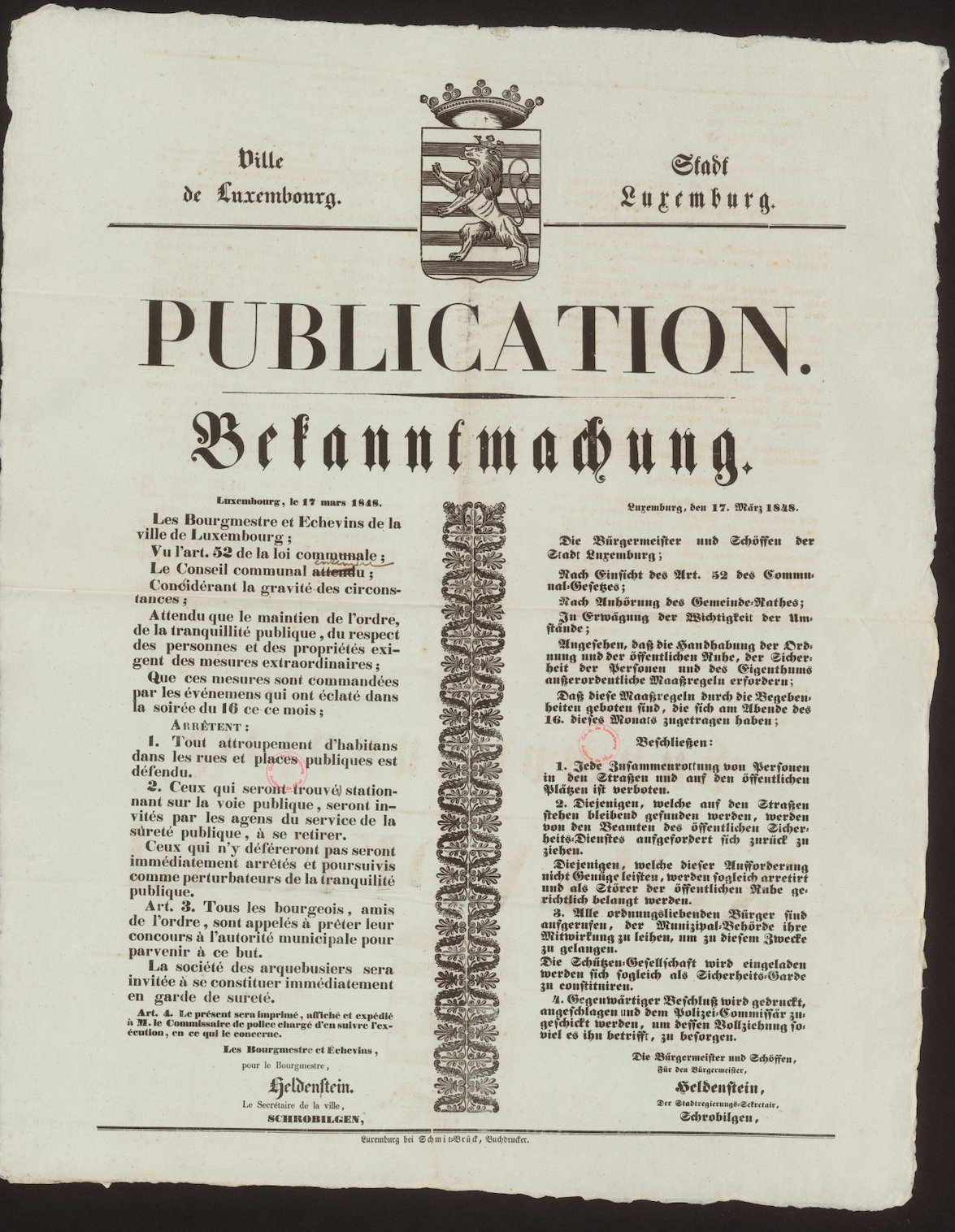 Archives nationales de Luxembourg , Proclamation of the city government after the riots of 16 March 1848 (17 March 1848), ANLux, F-007, available here
