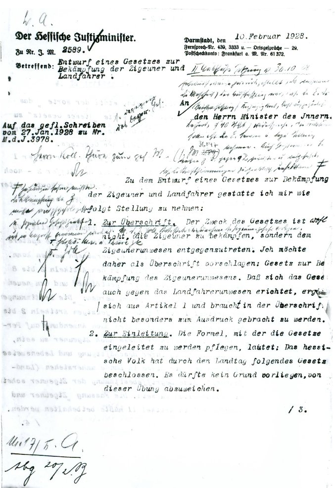 Hessisches Staatsarchiv Darmstadt, Hesse, Statement by the Ministry of Justice on the 'Draft of a law to combat gypsies and rural travelers' by the acting Interior Minister Ferdinand Kirnberger (1927), available here