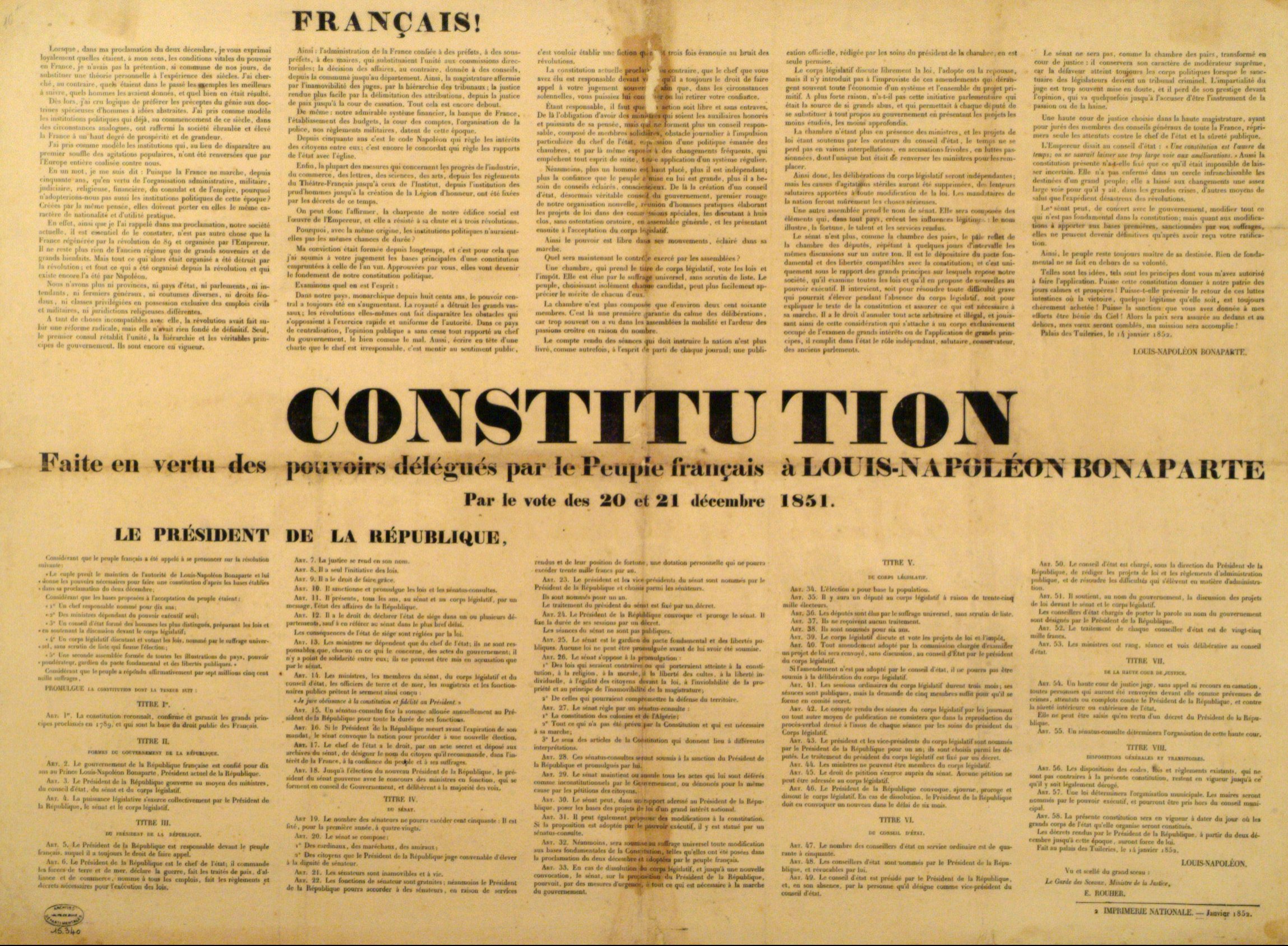 Archives départementales des Hauts-de-Seine , AFFICHE POLITIQUE. CONSTITUTION (1852), available here
