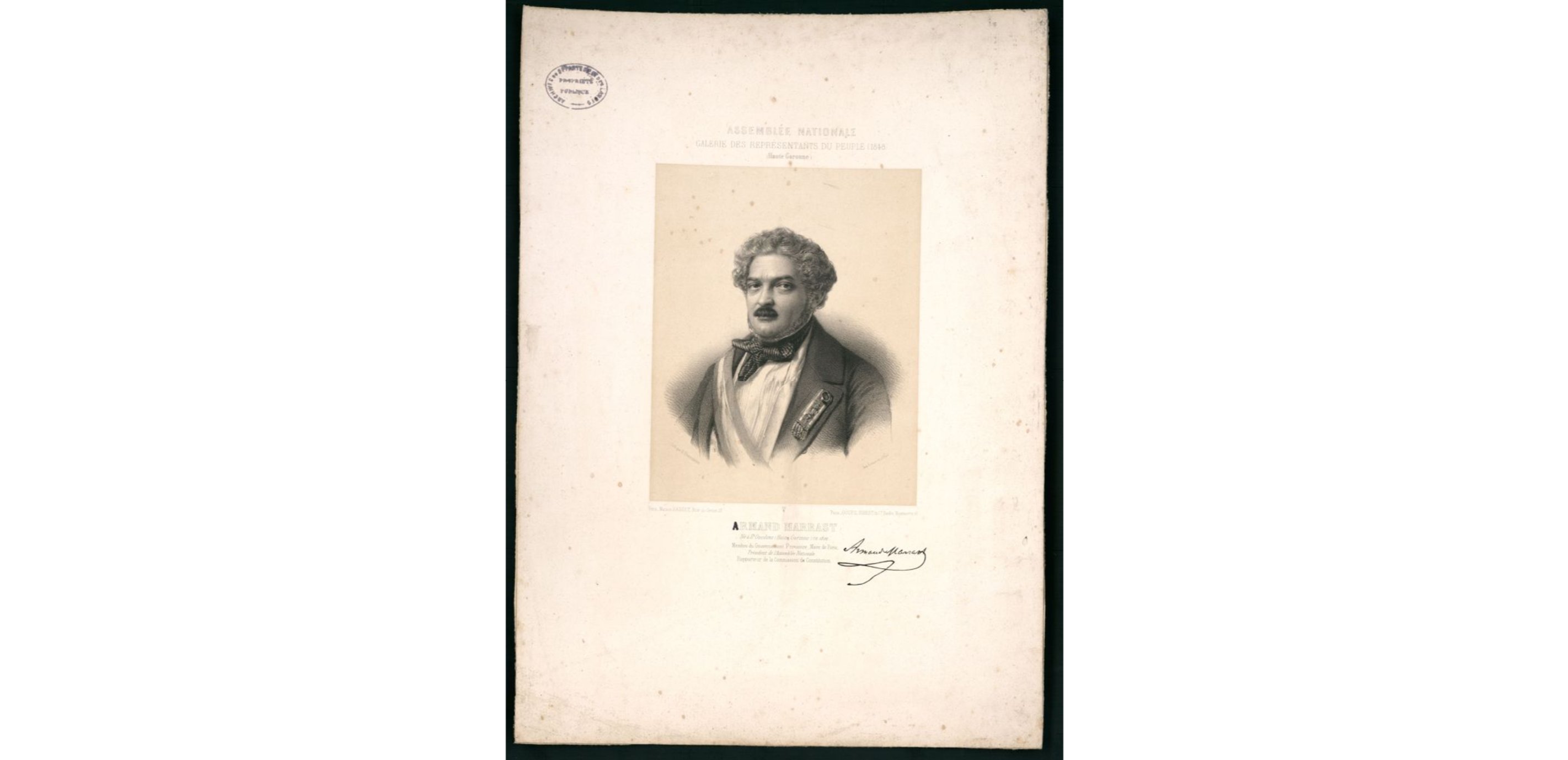 Archives départementales des Landes, Armand Marrast né à St-Gaudens (Haute-Garonne) en 1802, membre du gouvernement provisoire, maire de Paris, président de l'assemblée nationale, rapporteur à la Commission de constitution / Lith par E. Desmaisons. Available here
