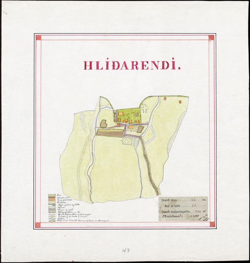 map of Hlidarendi in Fljotshlid district, Rangarvalla County, from 1919. Scale 1:2000.