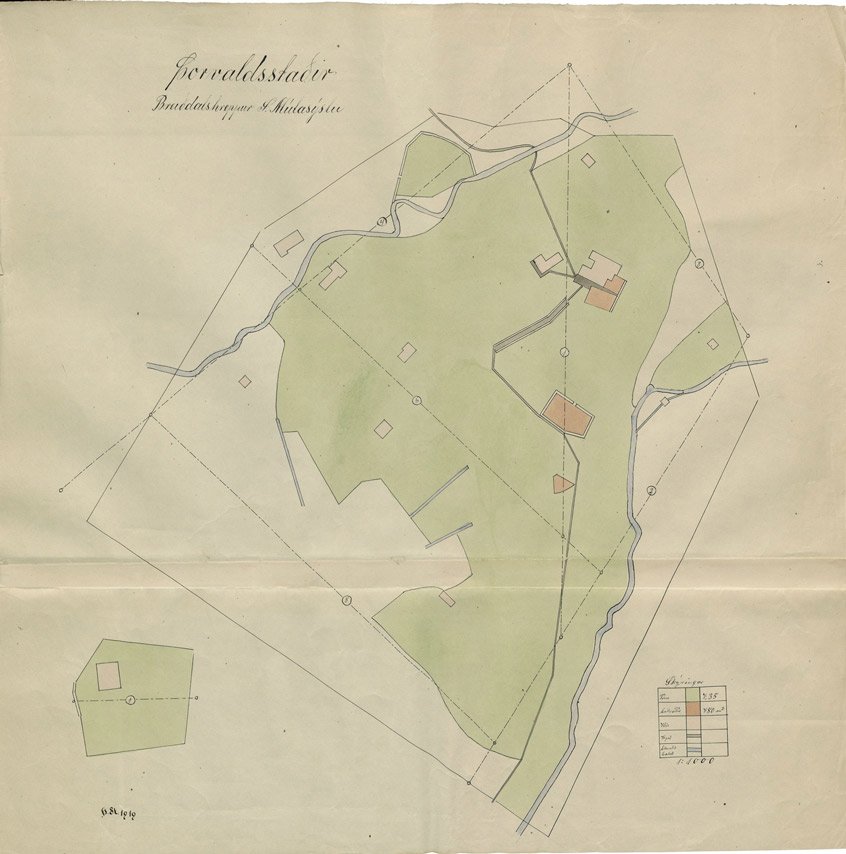 Map of Thorvaldsstadir in Breiddals district, South Mula County.  Scale 1:1000.